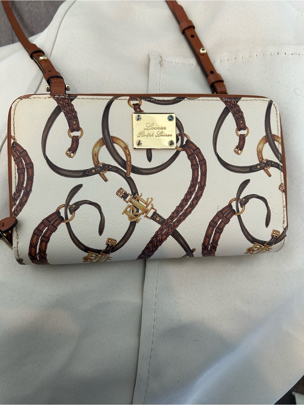 Vintage Ralph Lauren Cream & Brown Printed Crossbody Bag